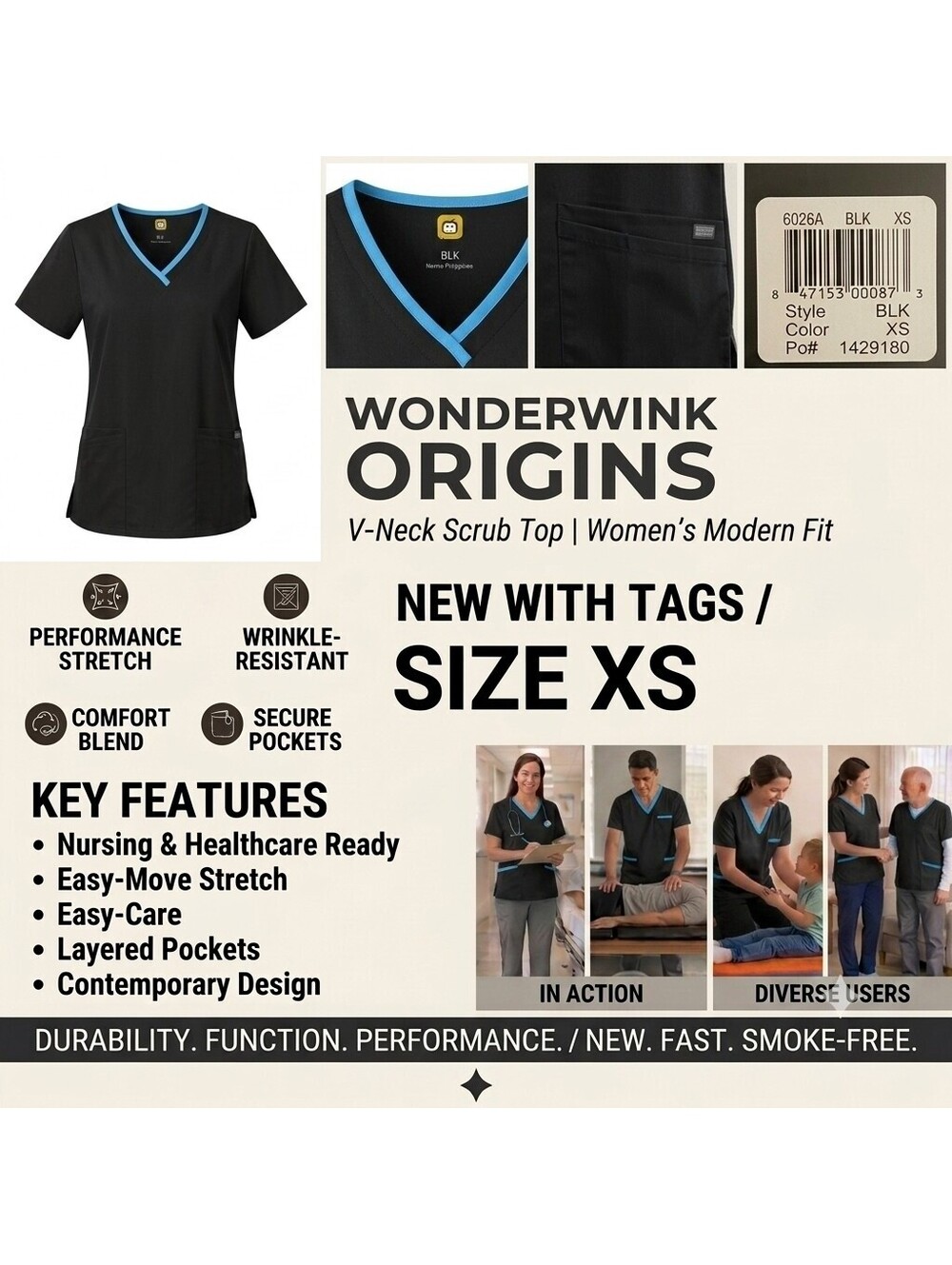 WonderWink Origins Scrub Top Women XS Black Contrast Blue Trim V-Neck NWT 6026